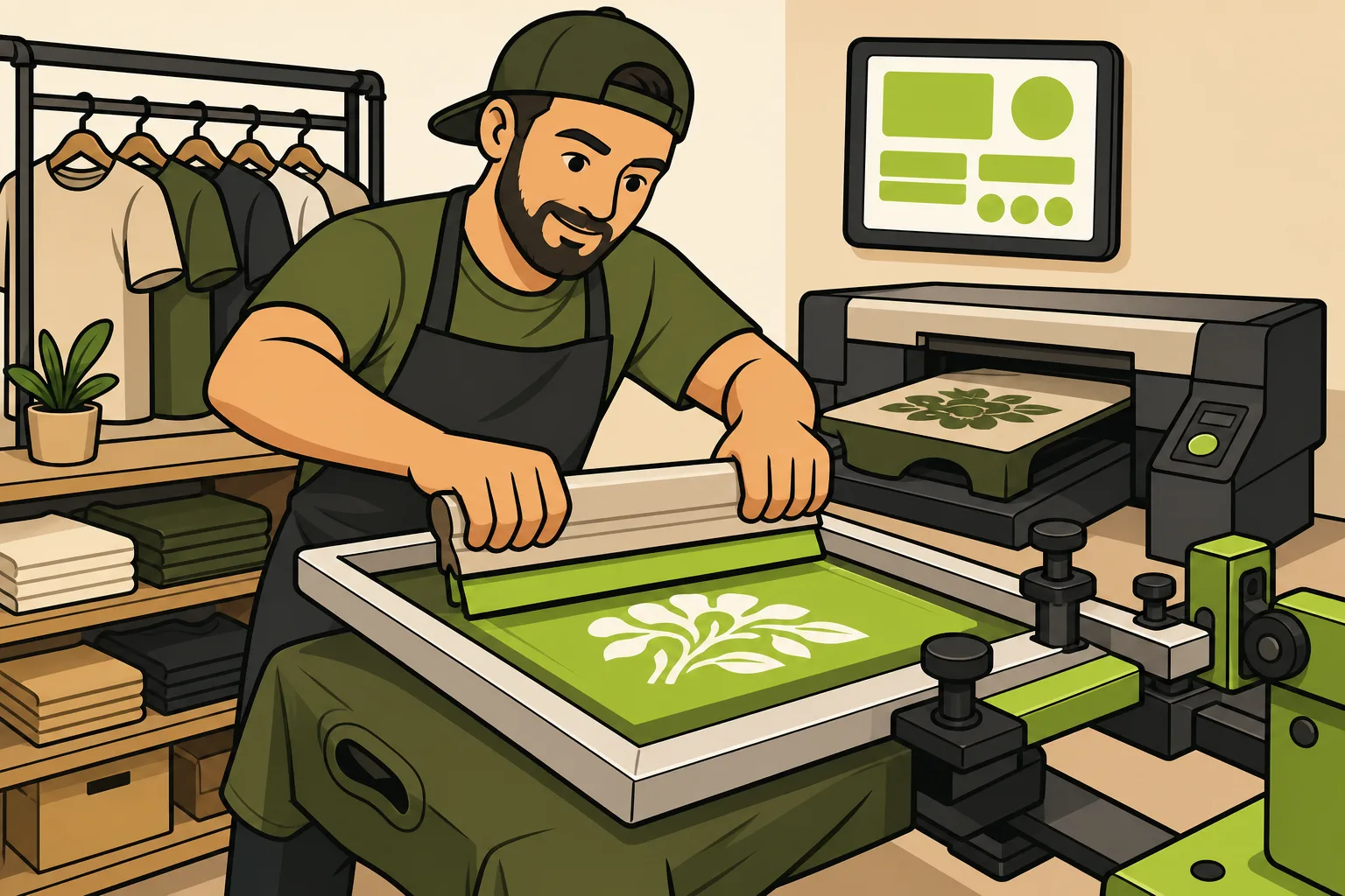 Illustration: DTG vs. Screen Printing: A Local Shop Owner's Guide to Explaining Both (and Winning More Reorders)