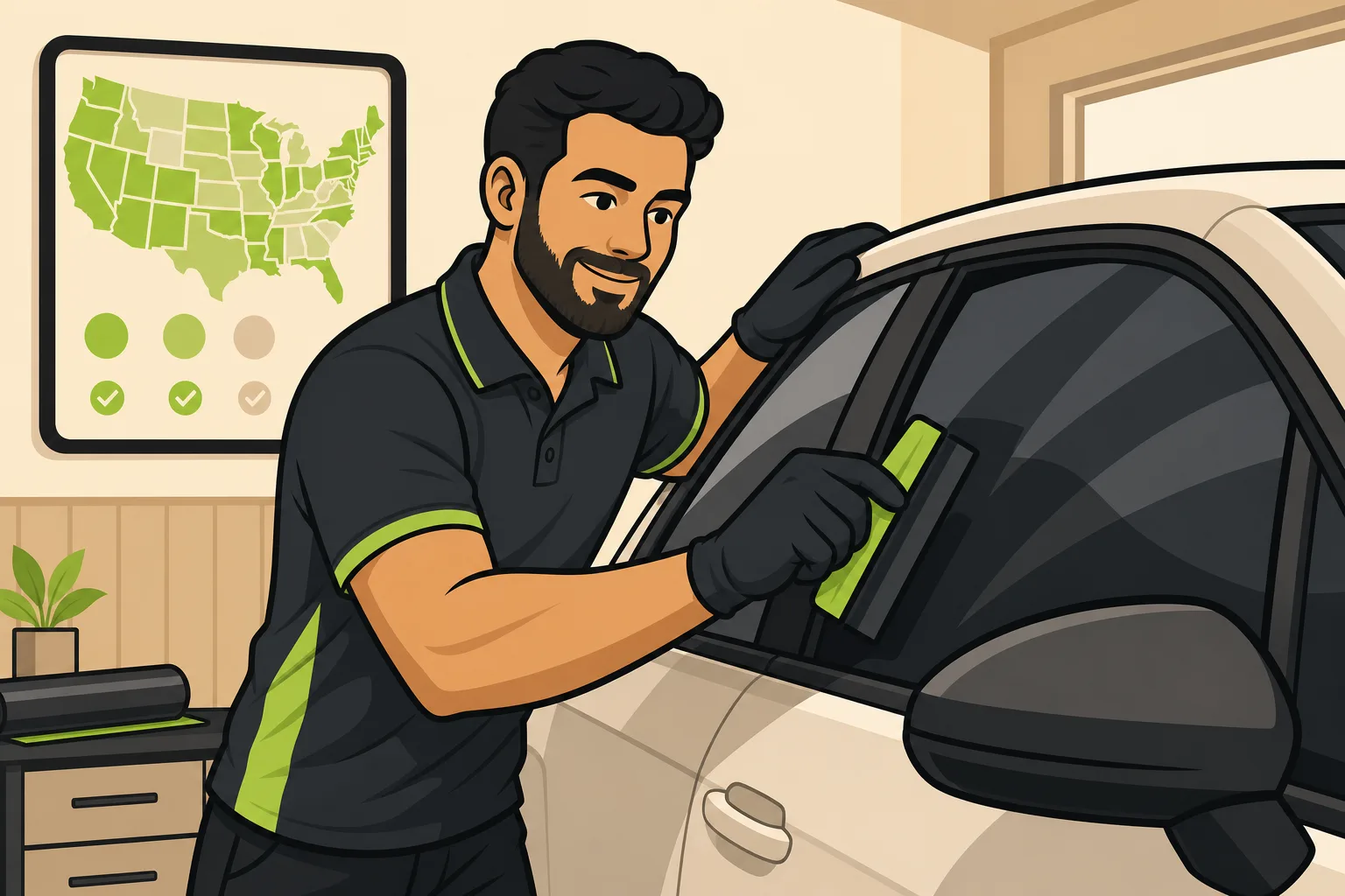 Illustration: Window Tint Laws by State (Updated June 2026): Legal VLT Limits + What Your Shop Should Know