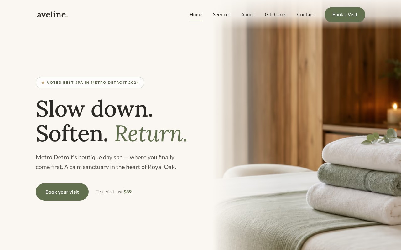 Spas & Massage website example — Aveline Day Spa
